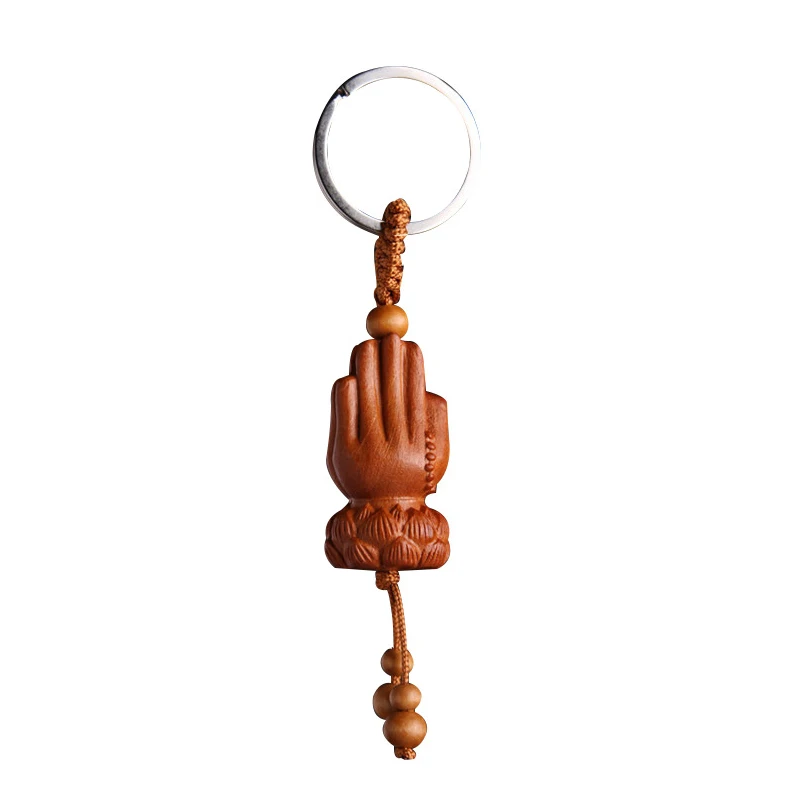 Peach Wood Palm Keychain Lotus Buddha Palm Keychains Vintage Key Chain Bag Pendant Charms Women Men Jewelry llaveros Wholesale