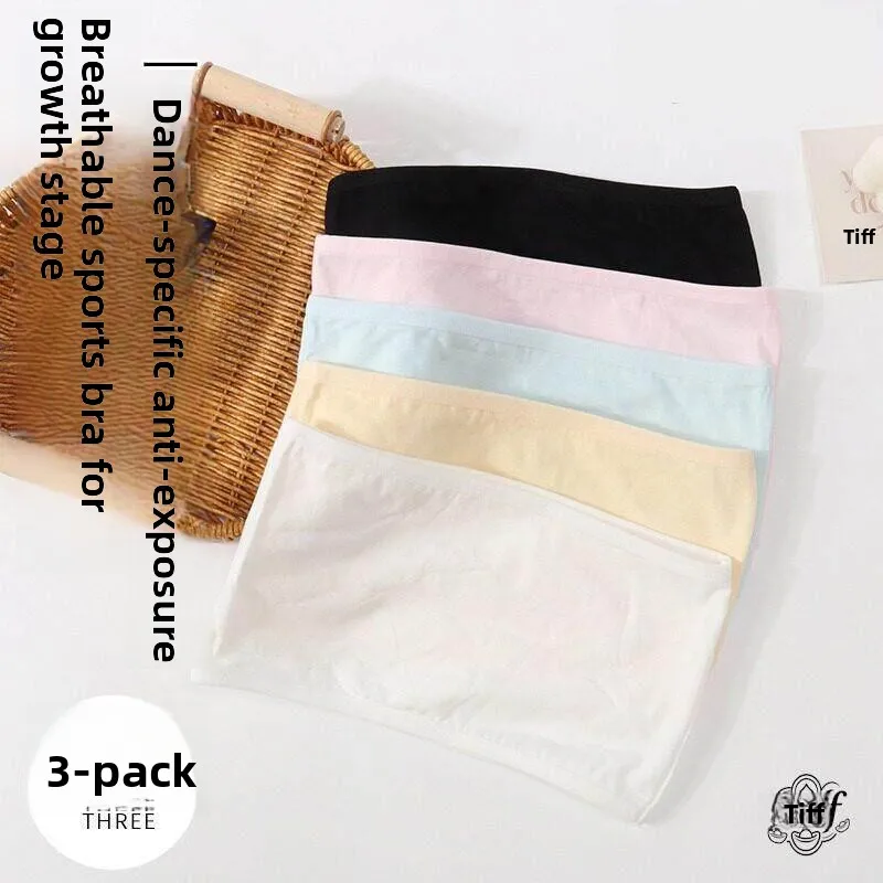 Girls' Bralette Tank Top No Shoulder Straps Anti-exposure Underwear Flat Mouth Teenage Girls' Basic  Color Summer Clothes