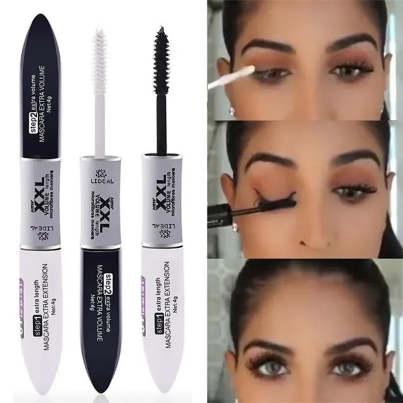 Makeup 2 IN 1 4D Silk Fiber Eye Mascara Long Eyelash Curling Lengthening Double Extension Black White XXL Lash Mascara Cosmetics