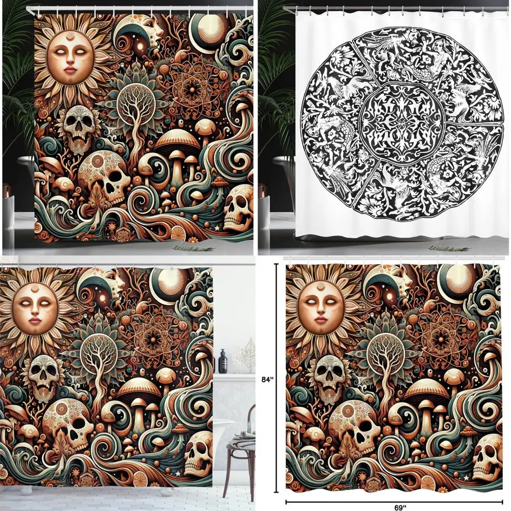 

Эзотерическая занавеска для душа с мандалой - темное лесное солнце, черепа, волны и грибы, богемный декор для ванной комнаты
