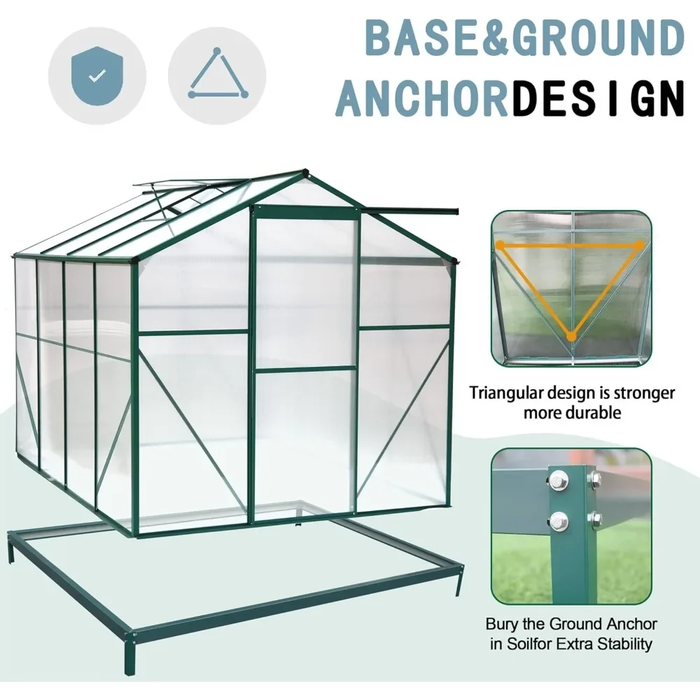 6x8 FT Hybrid Polycarbonate Greenhouse, with Sliding Door, 2 Vent Window and Lockable Hinged Door, Walk-in Hobby Greenhouse