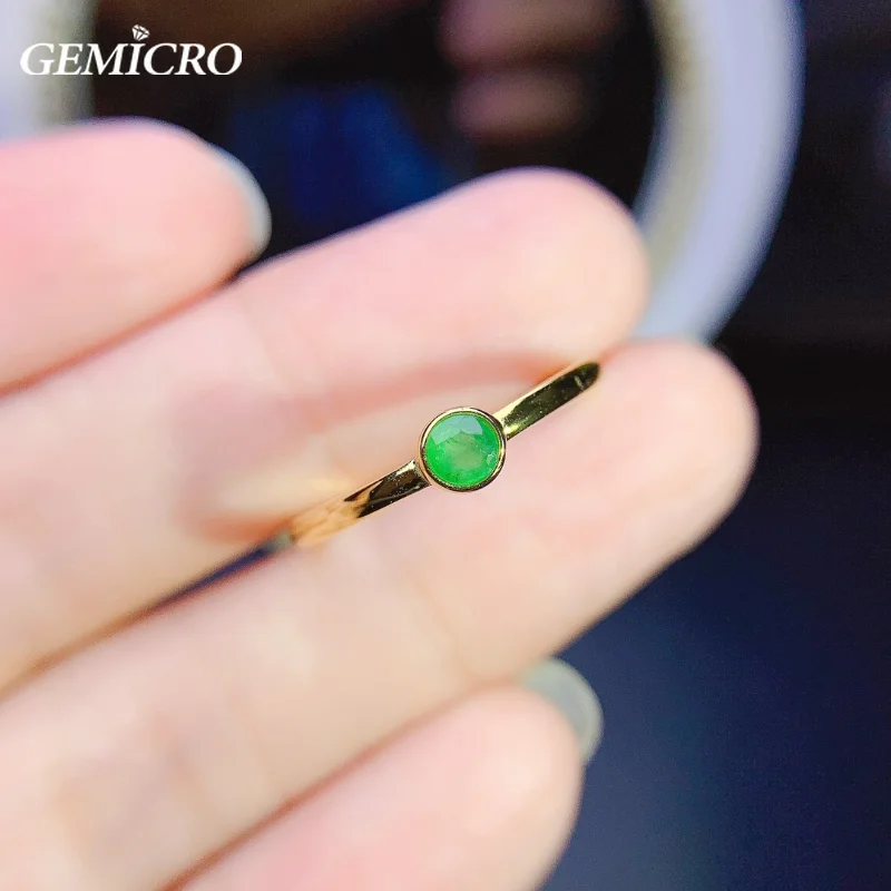 Gemicro Exquisite Dainty Fashion 925 Sterling Silver Natural Genuine Emerald Bezel Rings for Women Charm Jewelry Gift Wedding