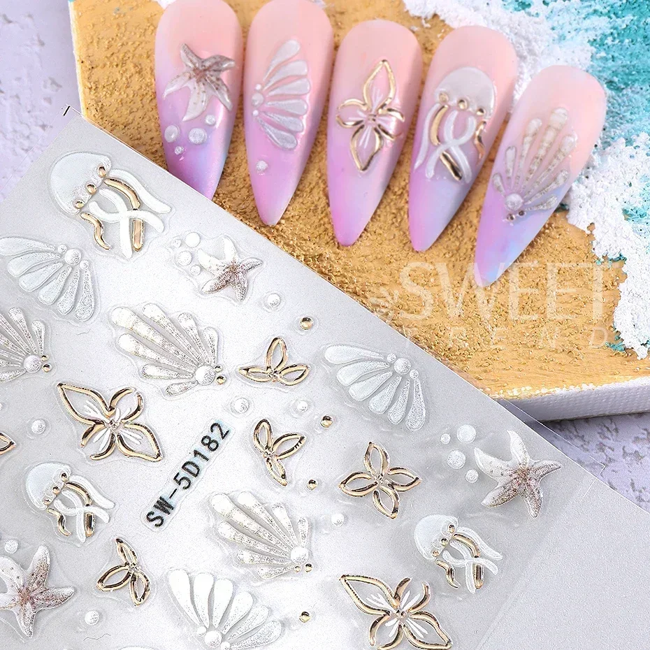 1PC Summer Sea Starfish 5D Embossed Nail Art Sticker Engraved Beach Ocean Animals Decals Nail Supplies DIY Manicure Decoration
