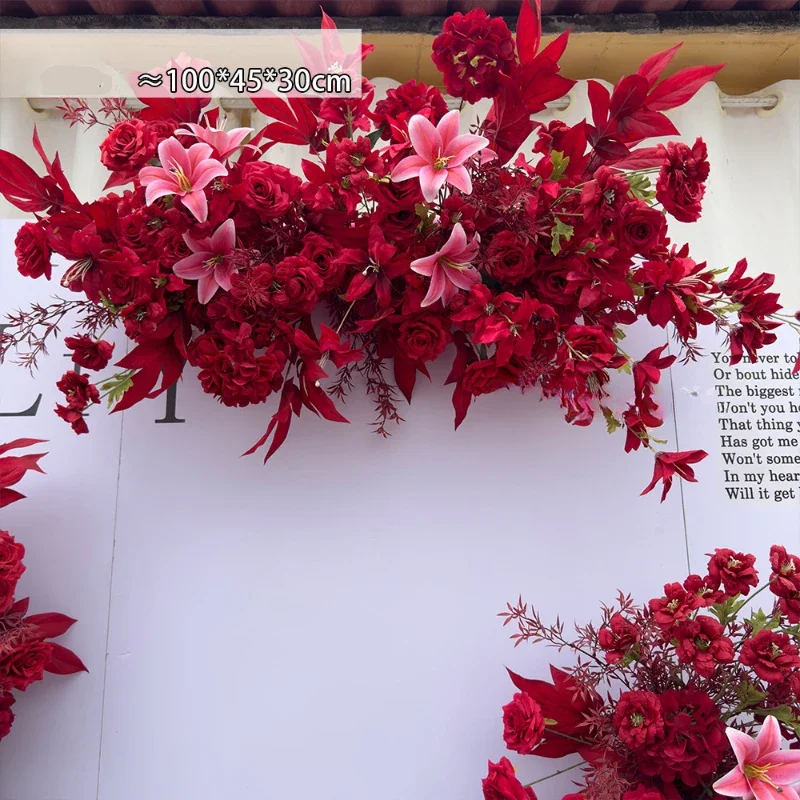 100 cm giglio rosso e bouquet di rose decorazione di nozze composizione di fiori artificiali decorazione di sfondo di nozze