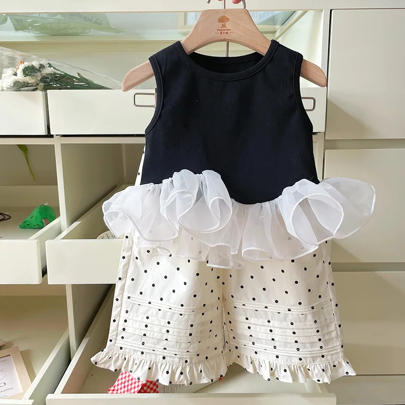 

Girls Summer Sleeveless Two-Piece Set Patchwork Mesh Vest Top with Design Sense Lace Polka Dot Pants