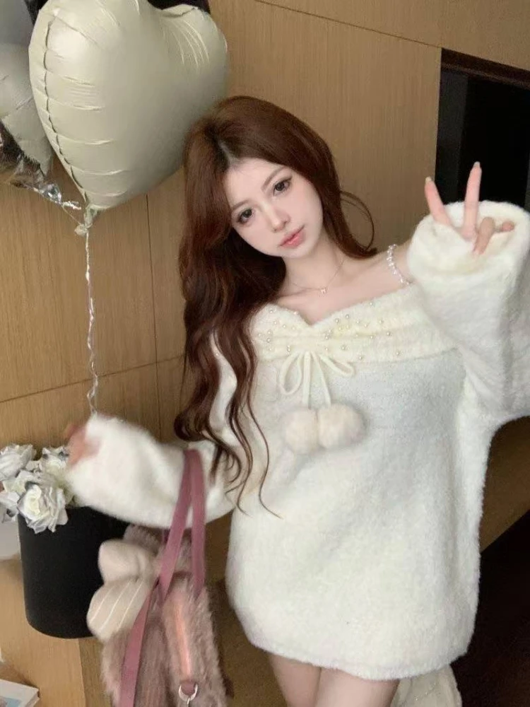 Y2K корейский вязаный пуловер с тонким бантом, женский милый кружевной японский свободный свитер, офисный женский осенне-зимний оверсайз, наряды Y2k