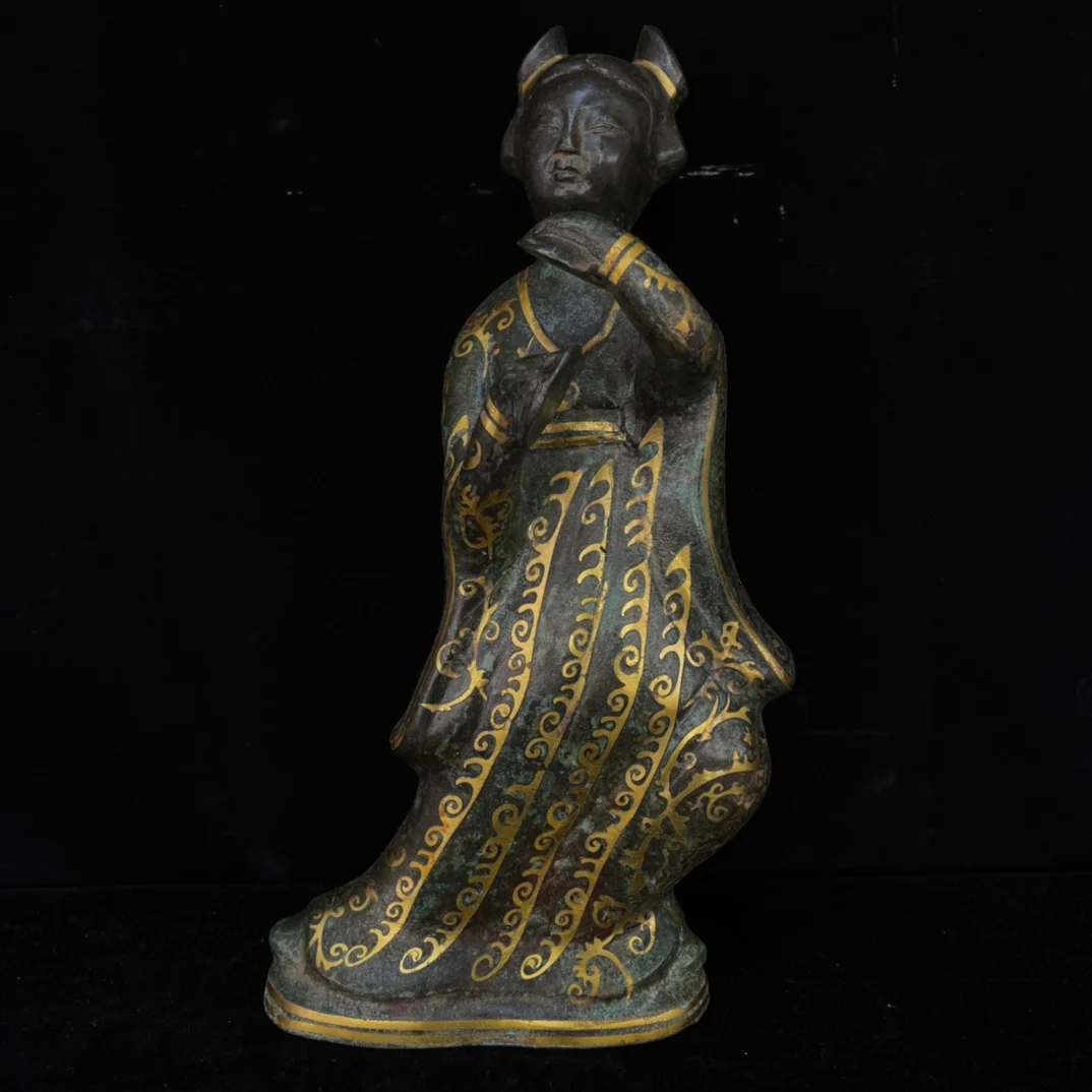 Old hand-caved bronze inlaid with gold female musicians,#07