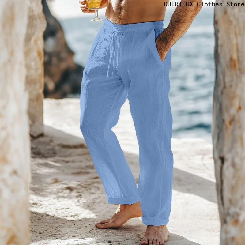 

2025 Summer Drawstring Elastic Waist Loose Breathable Casual Long Trousers Men's Cotton and Linen Pants High Street Trend Item