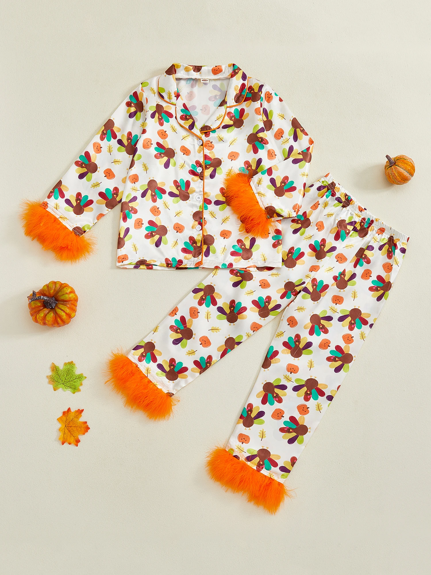 

Women s Thanksgiving Pajama Set with Long Sleeve Turkey Print Top and Pants Cozy Fur Cuffs Sleepwear Ensemble