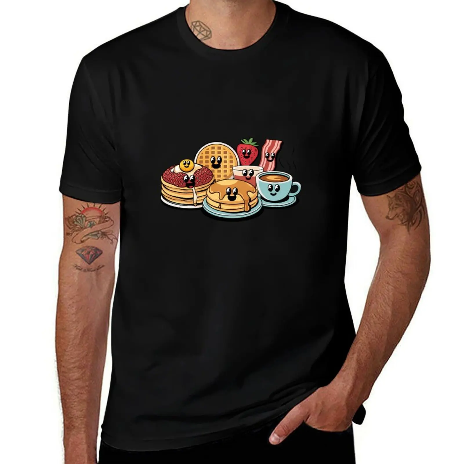 

Cheerful Breakfast Bites Smiling Pancakes & Coffee T-Shirt custom t shirt cotton man t-shirts men clothing