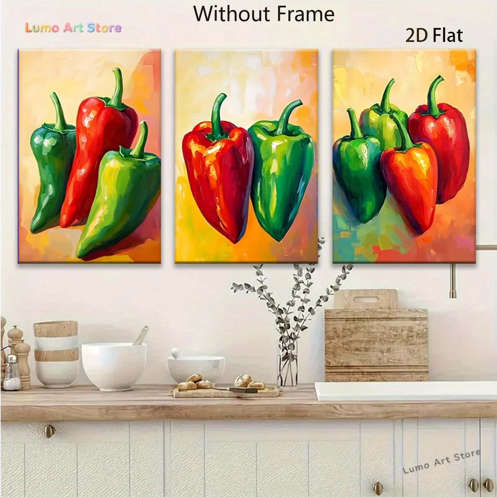 2D Flat, 2D Flat Art Print of Three Red and Green Chili Peppers Paired on a Yellow Background, Wall Art Canvas Print, Living