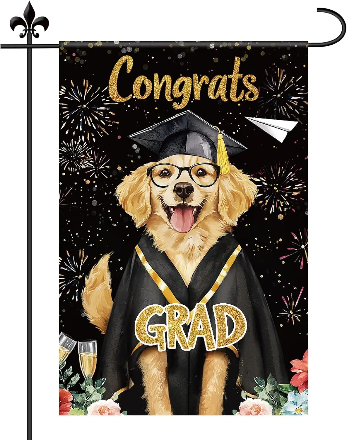 Bandera de Graduación para Jardín, Linda Bandera de Felicitación con Diseño de Perro, Diploma y Birrete, 12x18 Pulgadas, Doble Cara, para Graduación Escolar o Universitaria