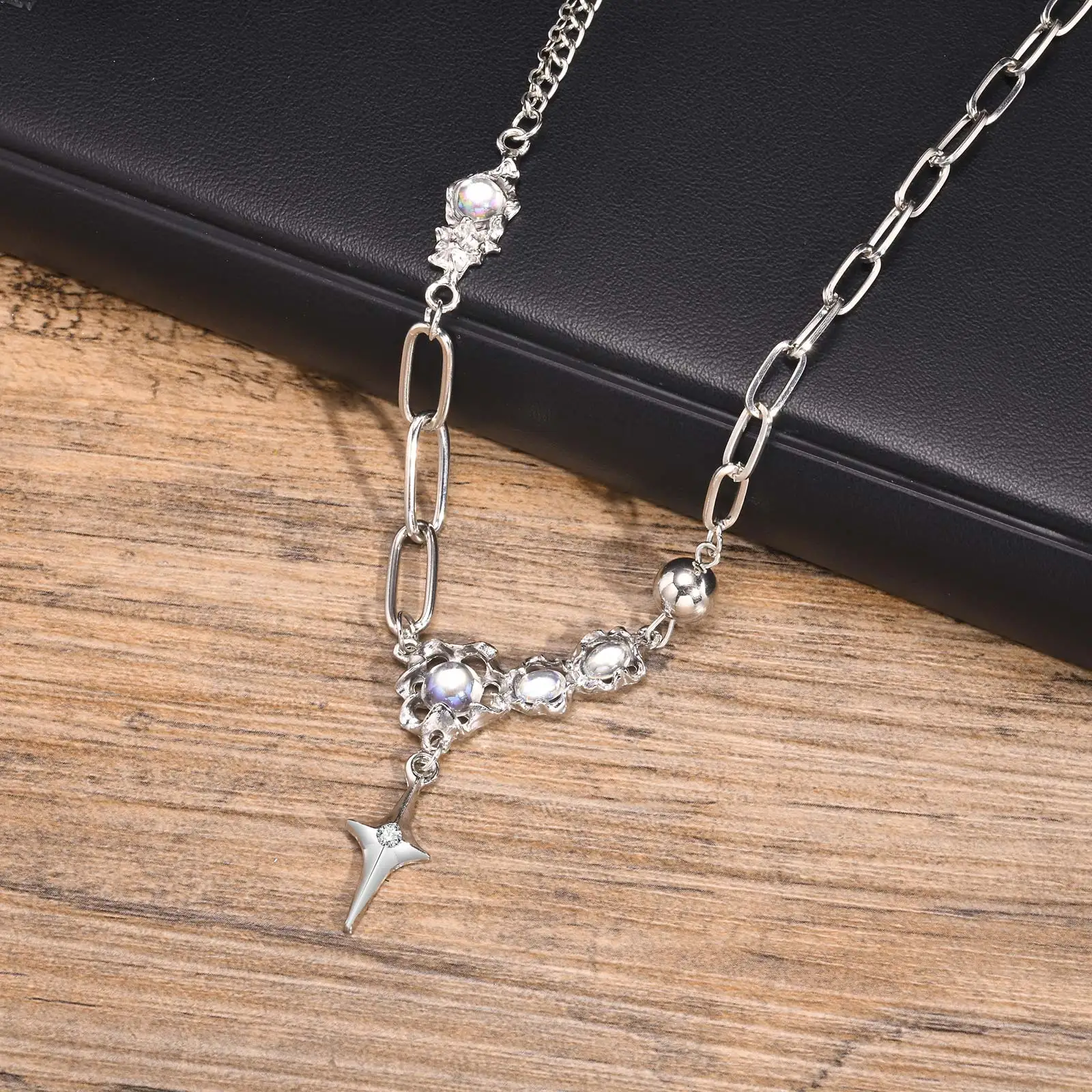Vnox Y2k Moonstone Necklaces for Men Women, Unisex Coquette Aesthetic Star Cross Necklace Jewelry Valentine\'s Day Gift