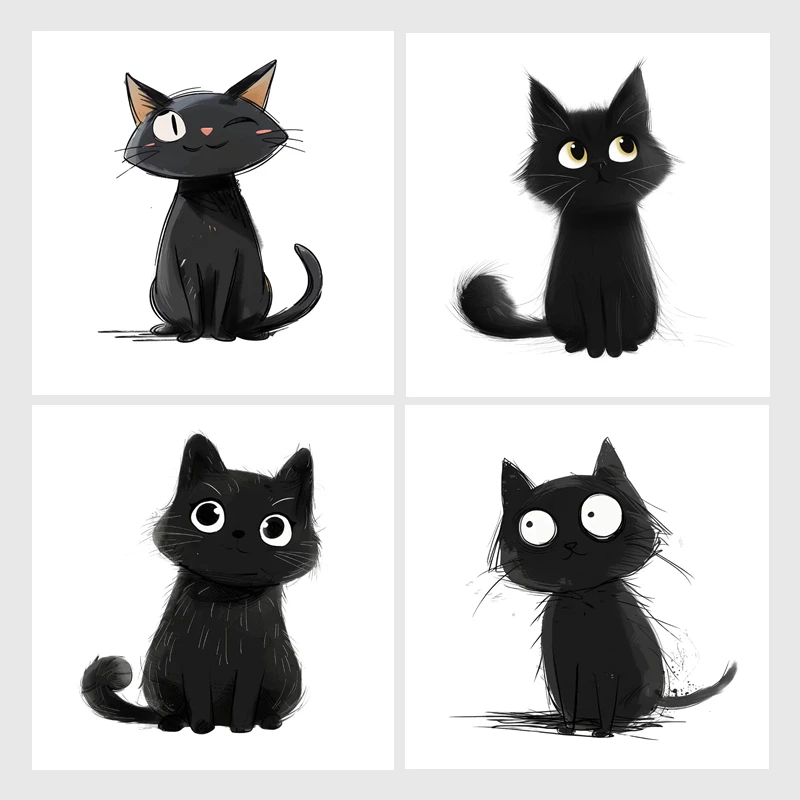 Cartoon Black Cats Wall Stickers, Bright Wall for Home, Cabinet, Door, Refrigerator Decoration, Vinyl Car Decals, Art Wallpaper
