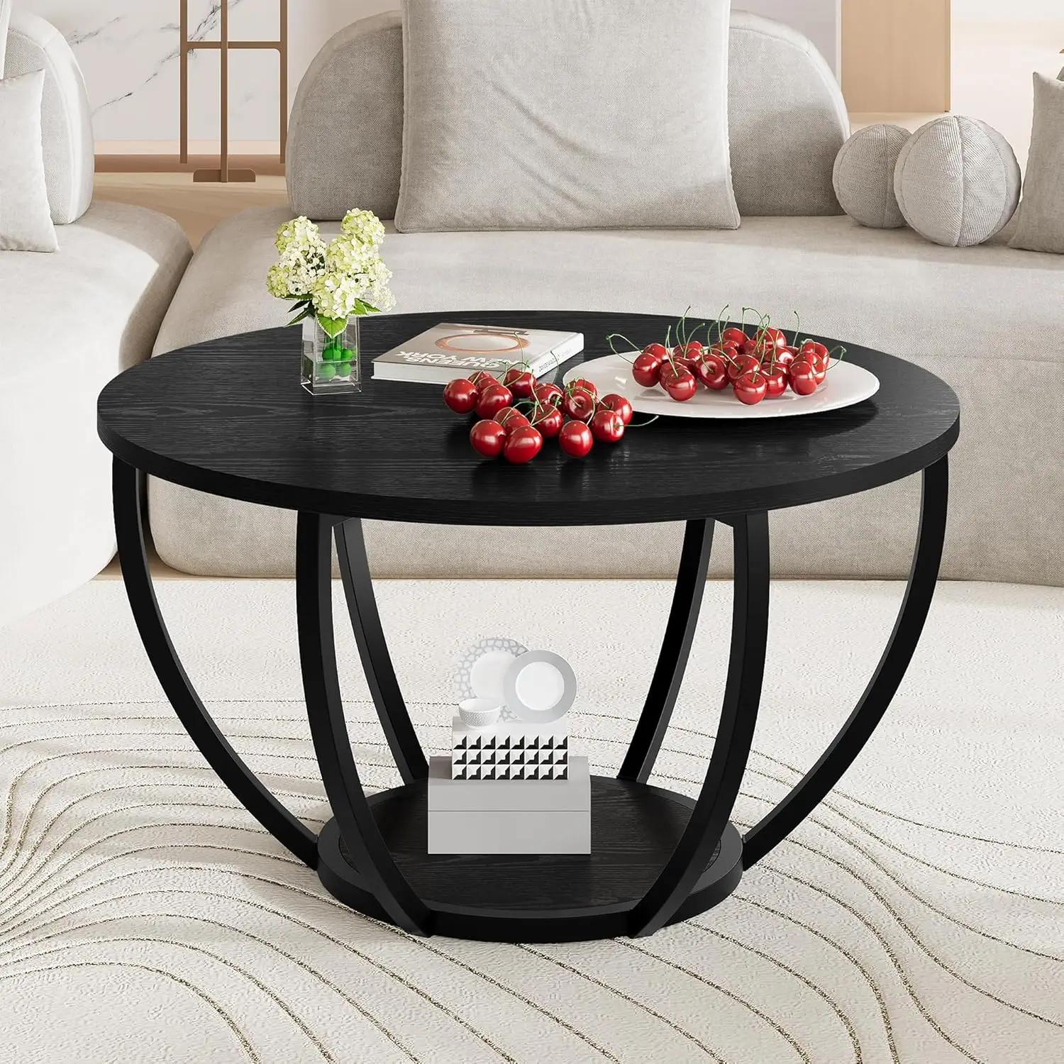 

Round Wooden Coffee Table with Storage Shelves, 2-Tier Accent Center Table for Living Room and Home Office in Black