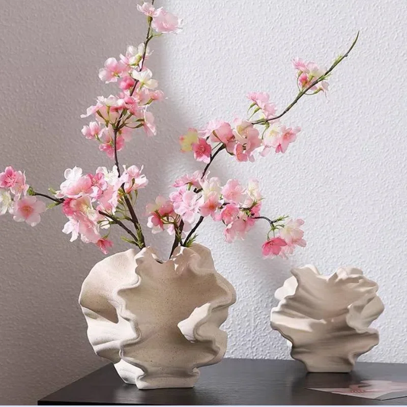 Ceramic Vase Folded and Wrinkled Irregular Buds Flower Vase Flowerpot Wave-like Folds Vases Home Decoration Accessories