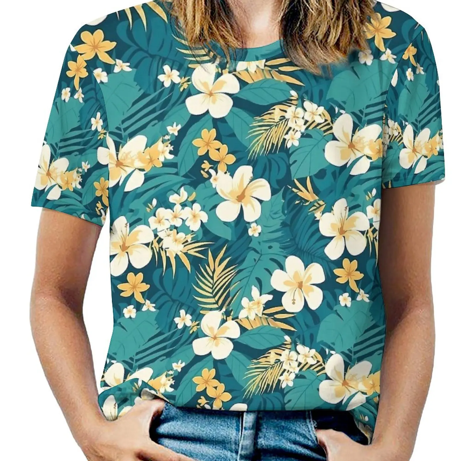 

Oversized Tropical Flower T-Shirts Green Hawaiian Motif Streetwear T-Shirt Short-Sleeve Women Harajuku Tee Shirt Graphic Tops
