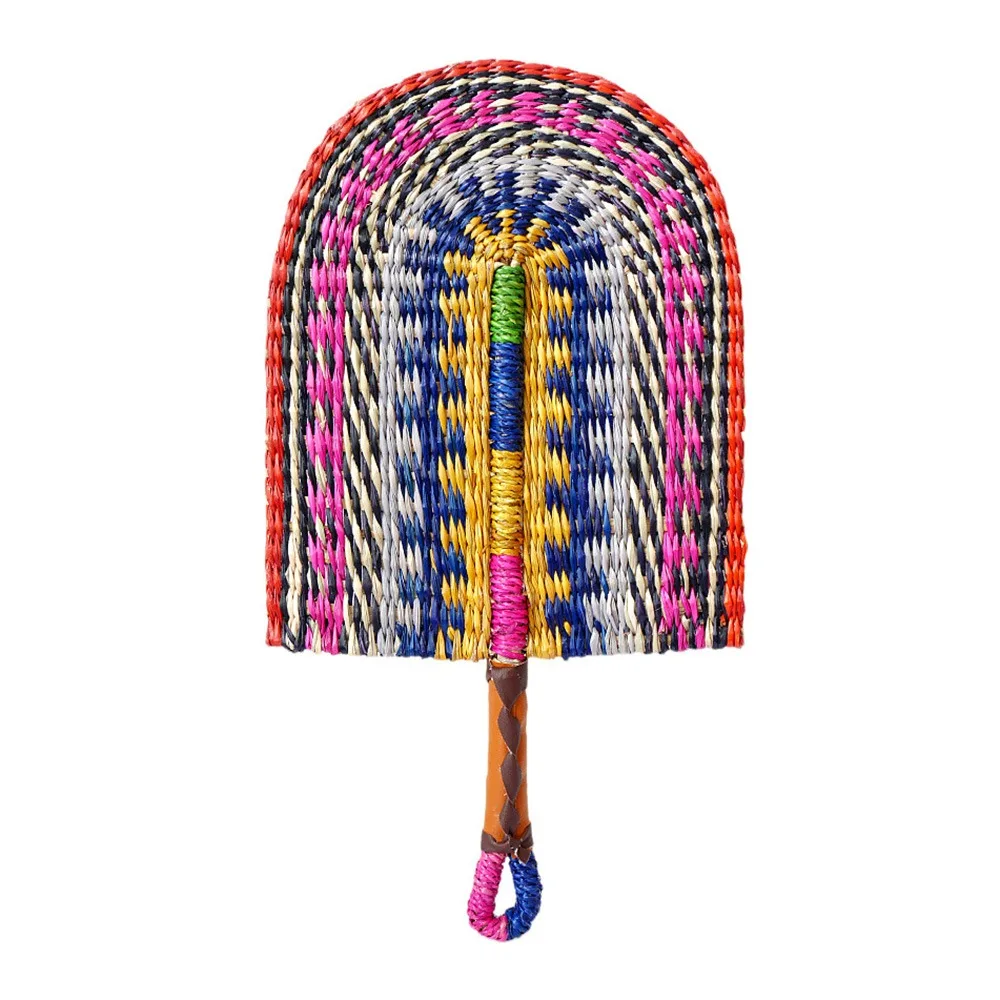 Colorful Striped Patterns Seagrass Woven Fan Bohemian Anti-Mosquito Cattail Fan Portable Lightweight Summer Cooling Fan
