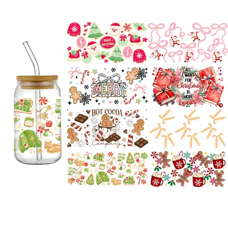 DIY Merry Christmas Design UV DTF Wraps Cup 16oz Libbbey Glass Nug Cup Tree Bows Cartoon Funny Patter 3D Transfer Sticker Decals