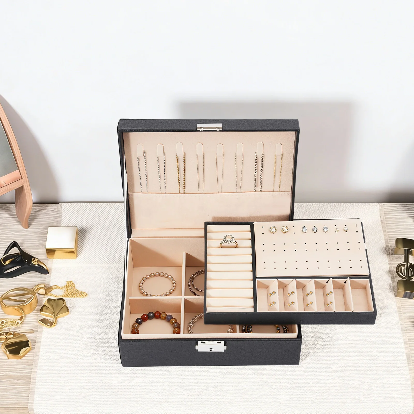 2-lagige abschließbare Schmuckaufbewahrungsbox mit herausnehmbaren Trennwänden, Schreibtisch-Organizer für Ringe, Ohrringe, Armbänder, Halsketten, Broschen, für den täglichen Schmuckaufbewahrungszweck auf dem Schminktisch zu Hause. – Detail 7