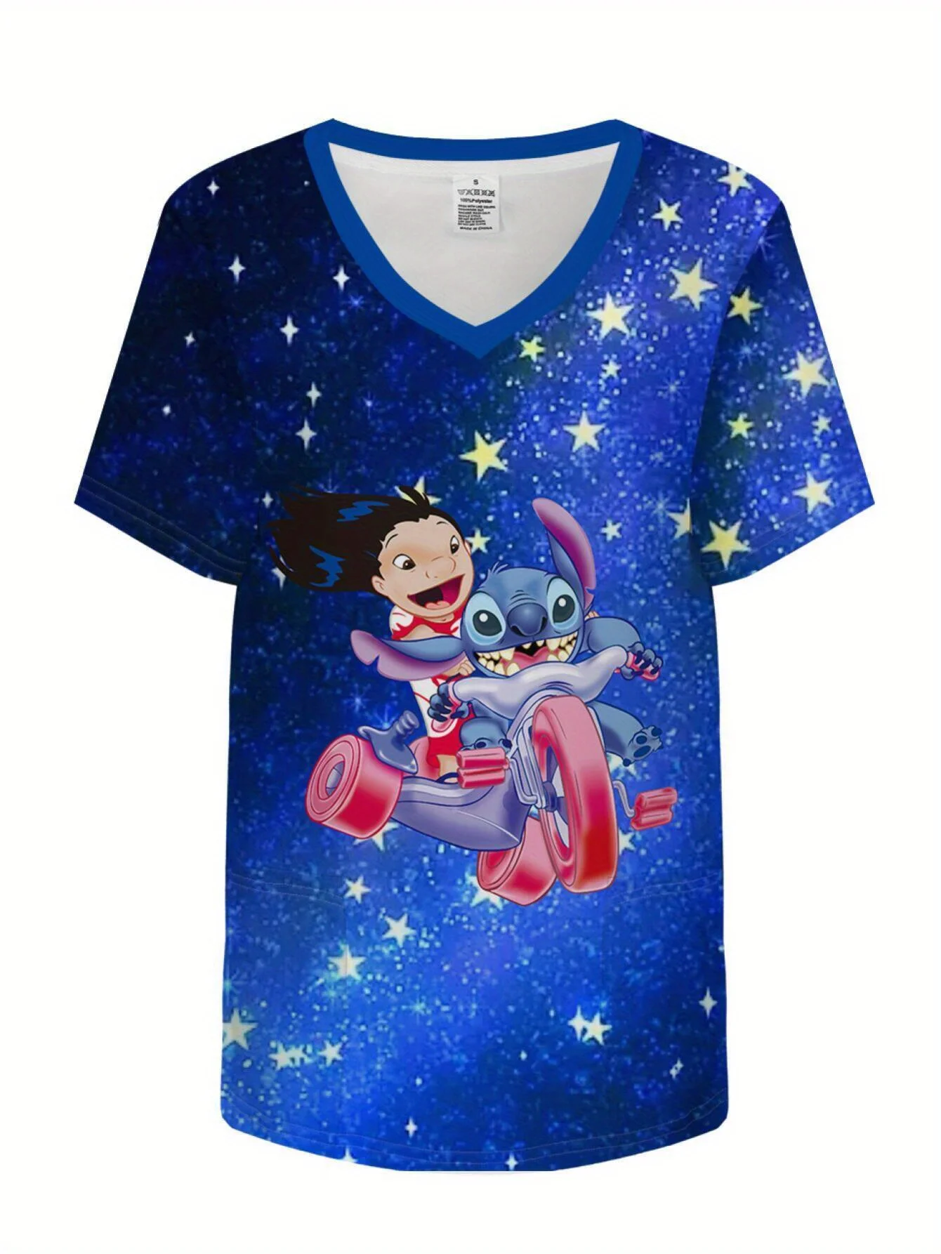 Disney-T-shirt à manches courtes et col en V pour femme, haut décontracté, impression numérique, point de dessin animé 3D, été, nouveau, 1 pièce