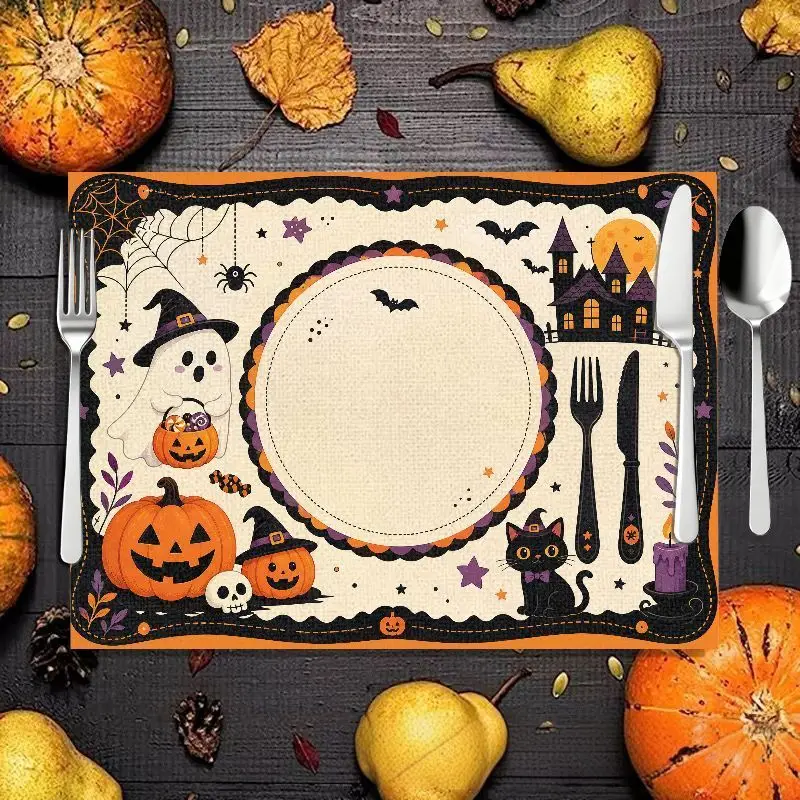 2/4/6pcs Halloween Meal Mat, Pumpkin Ghost Witch Bat Skull Castle Black Cat Skull Spider Web Linen Table Mat, Desktop Decor