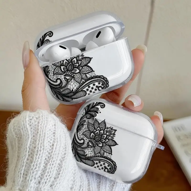 

Vintage Black Lace Floral Earphone Case for Airpods 4th 3rd Pro 3 Shockproof Cover for Airpod 2 3 1 Protective Accessorie Shell