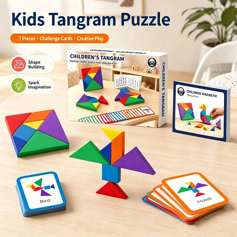 Wooden Jigsaw Magnetic Tangram Puzzle Book Educational Toys For Children Baby Kid Portable Montessori Learning Intelligence