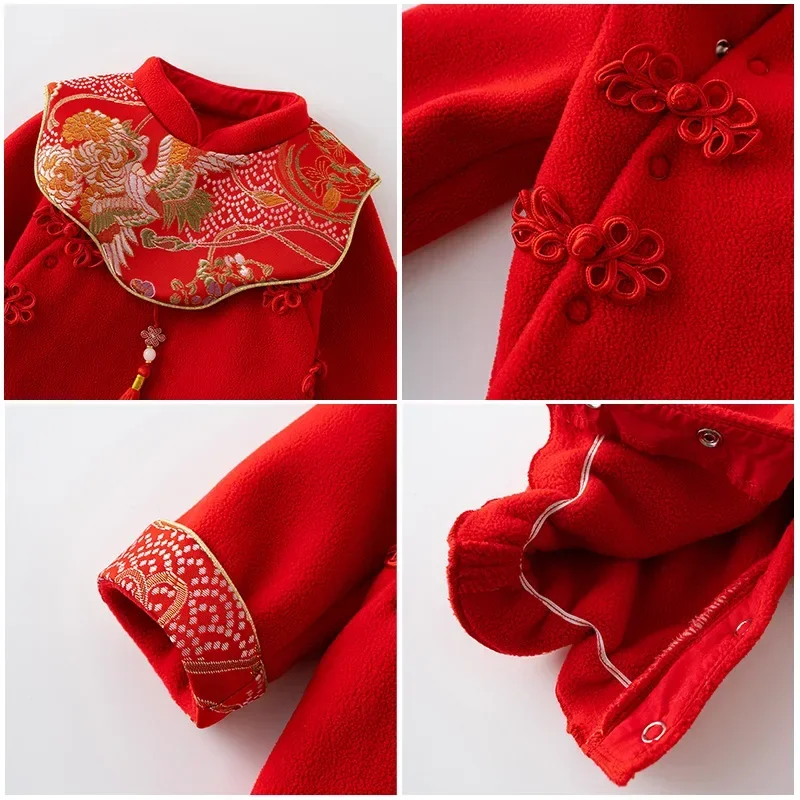 2024 NOWOŚĆ Noworodek Chiński Tradycyjny Kombinezon Dla Niemowląt Kwiatowy Hanfu Czerwony Kombinezon Urodzinowy Romper Chiński Nowy Rok Stroje
