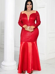 Abiti con paillettes rosse per le donne Plus Size 4XL O Neck See Through manica lunga aderente tromba alla caviglia abiti da sera per feste