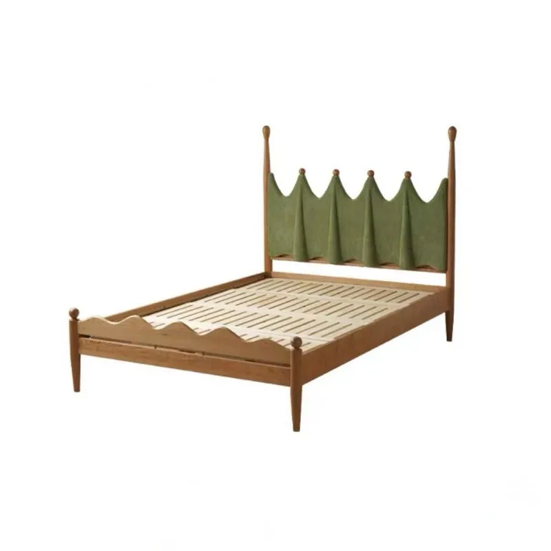 

Nordic, vintage, cherry wood, solid wood bed, coarse linen fabric soft bag, teenager, bedroom, minimalist, castle
