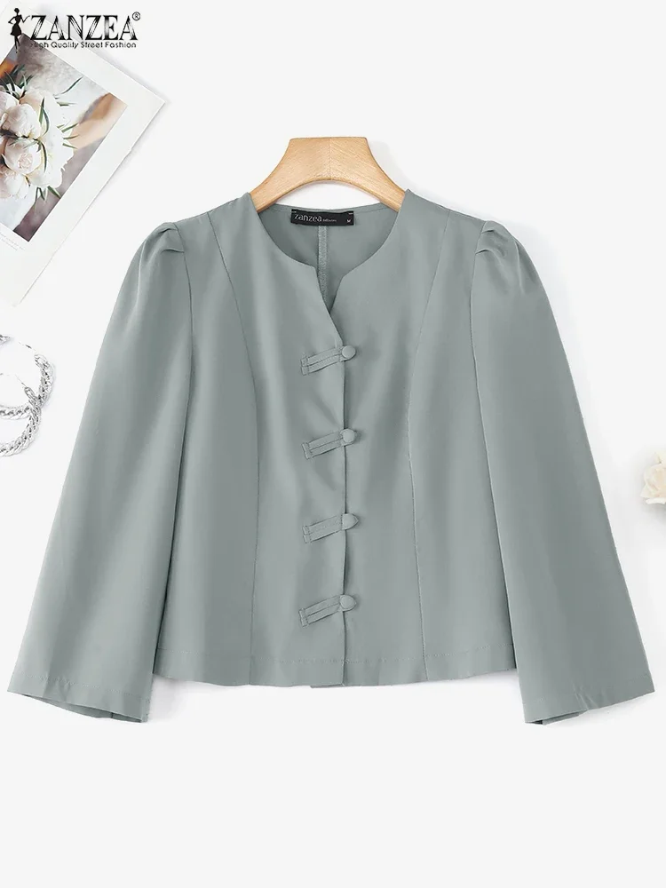 ZANZEA Camicie alla moda Donna Autunno Elegante OL Office Lady Camicette Manica a 3/4 Bottoni solidi Tunica Top Con scollo a V Blusas coreani