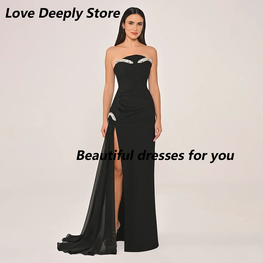 

Black Evening Dress Customized Sexy Strapless Thigh Slit Jersey Prom Gowns Backless Floor Length Wedding Party Dress 2025