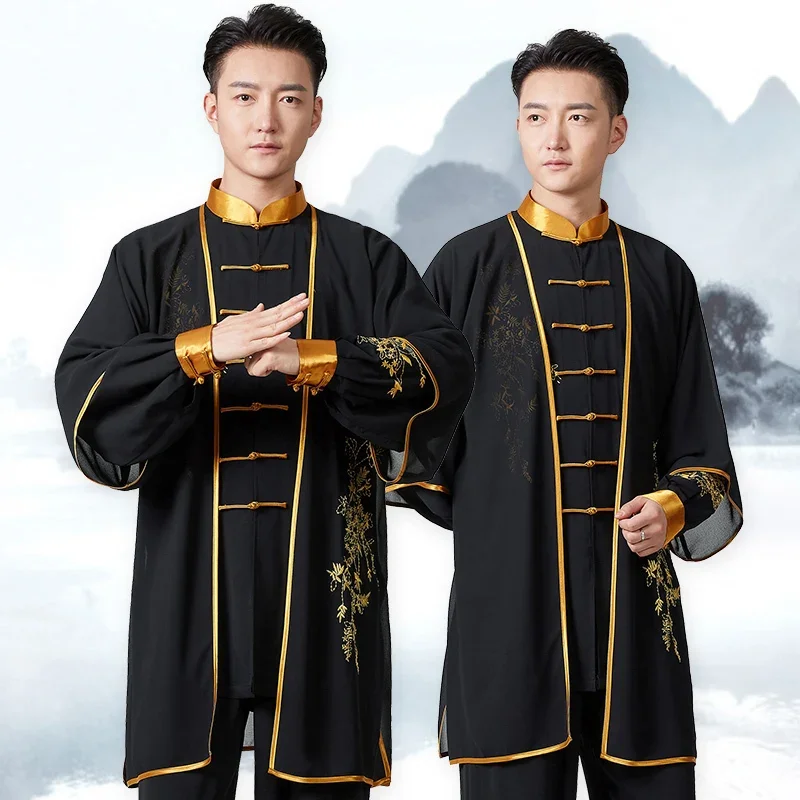 Mężczyźni Tai Chi Clothes Wushu Clothing Three Pieces Kung Fu Dress Martial Art Uniform Performance Black Wrinkle Free 2024 New Style