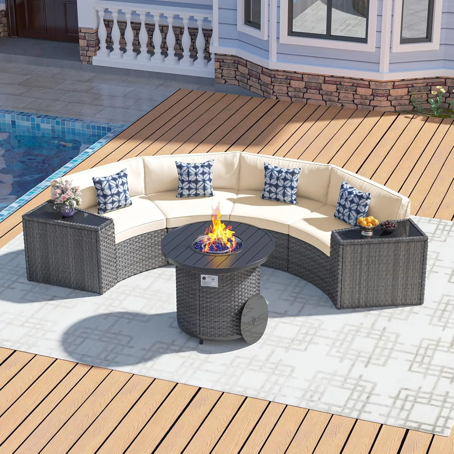 

Outdoor Wicker Patio Furniture Set with 32" Fire Pit Table,7 PCS Half-Moon Curved Sectional Sofa and Side Table Waterproof Cover