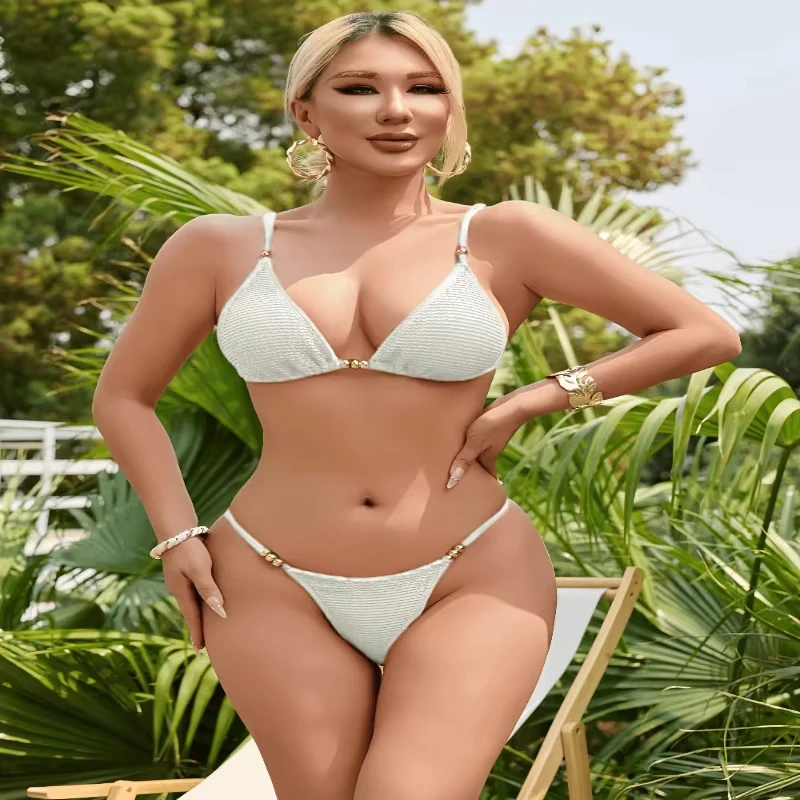 

Women's bikini two-piece swimsuit, backless, suitable for both small and large busts, for beach vacations, three-piece style