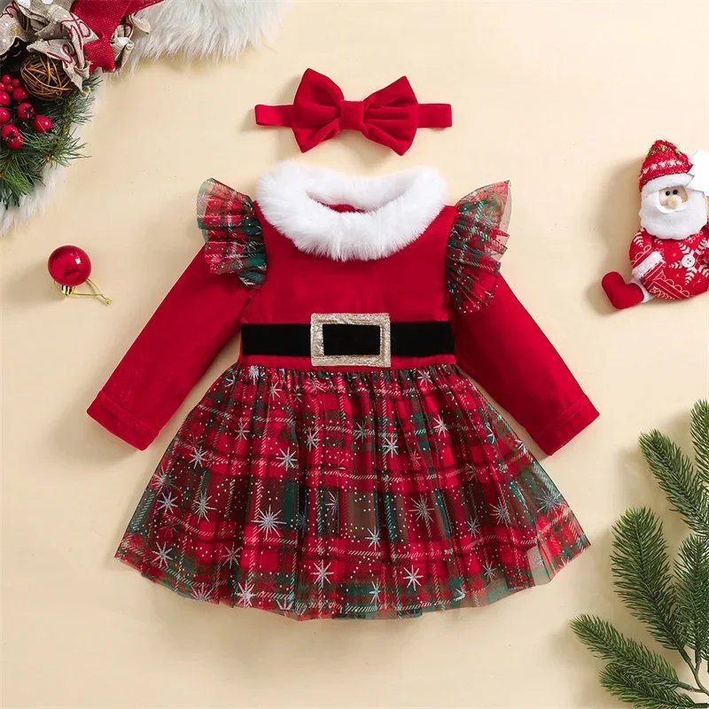 Baby Girl Christmas Outfits Solid Color Long Sleeve Tulle Dress + Headband Set Infant Winter 2 Pieces Clothes