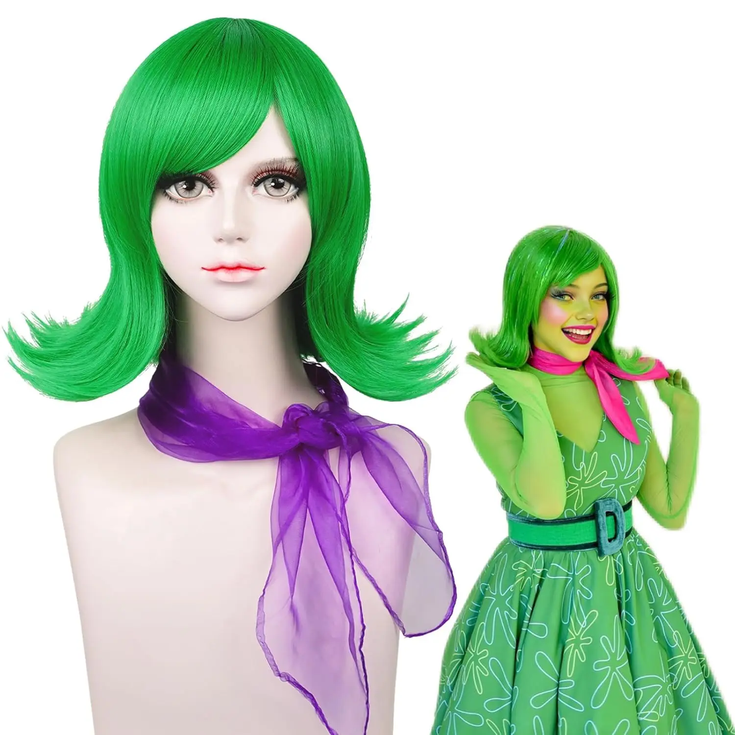 

Зеленый парик Короткий вьющийся зеленый парик Боб для женщин Новые персонажи фильмов Хэллоуин Косплей Синтетические парики с фиолетовым шарфом + шапочка для парика