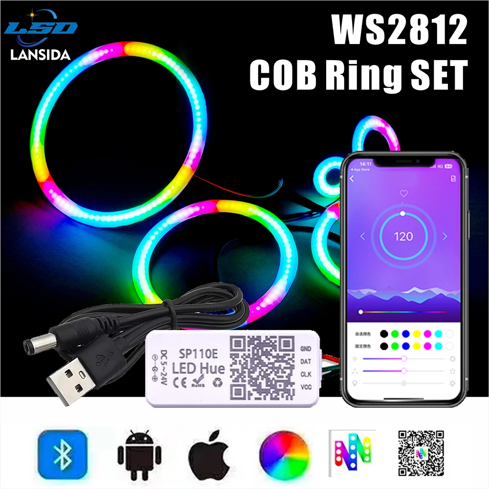 

WS2812B COB Ring Pixel Light with USB SP110E Addressable Individually 27/48/73/96/120mm Built-in WS2812 IC Ring Pixel Light 5V