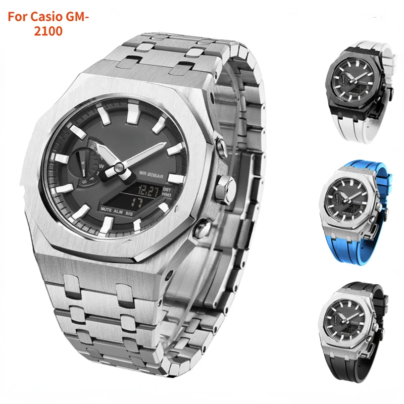 For GM2100 Gen5 Casioak Rubber Strap + Stainless Steel Metal Bezel All-in-One Modification Kit For G-Shock GM-2100 Accessories