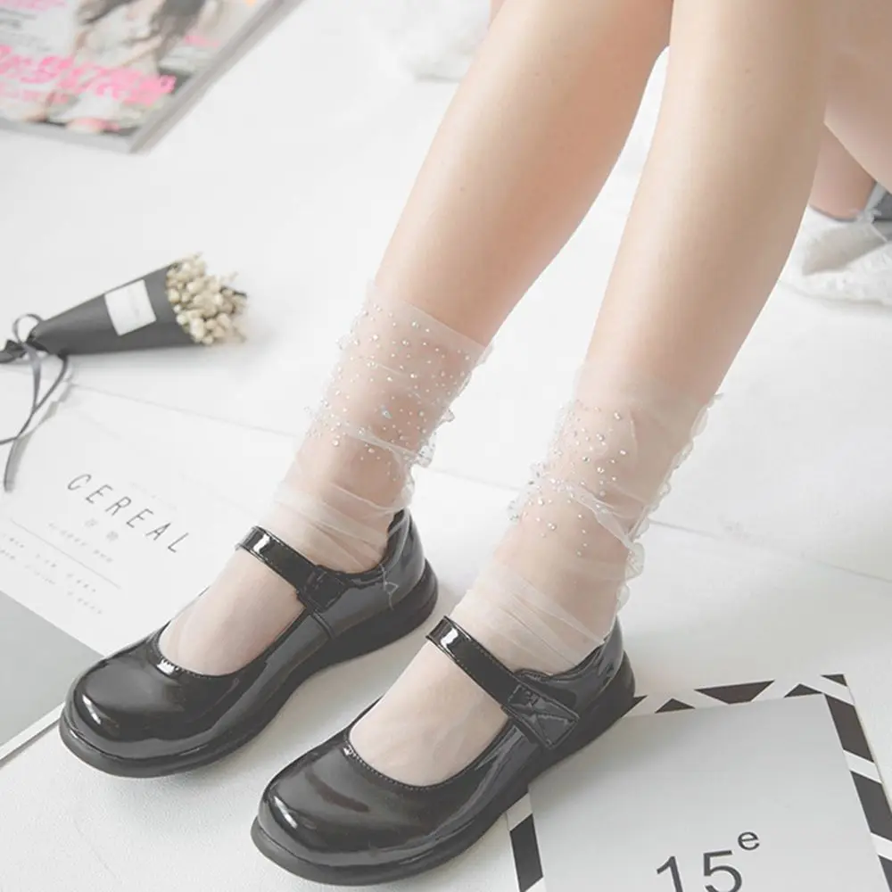 Voir à travers les dames verre soie dentelle strass élastique cheville chaussettes chaussettes courtes maille transparente chaussette