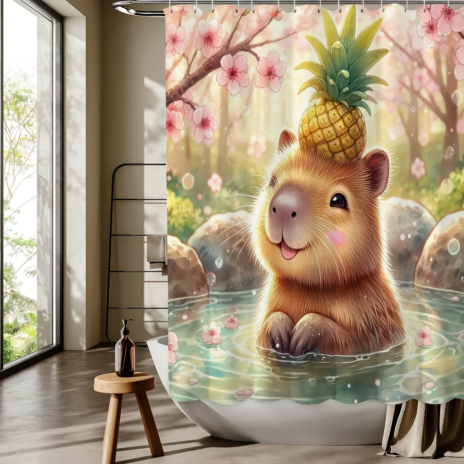 

Занавеска для душа с цифровым принтом Capybara Hot Spring для ванны — можно стирать в машине, всесезонная ванная комната/домашний декор