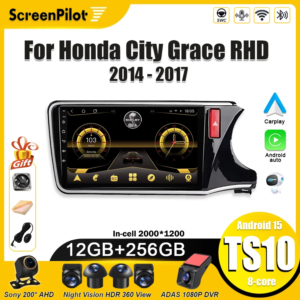 Android 16 For Honda City Grace RHD 2014 2015 2016 2017 Car Radio 2 Din Multimedia Video Player Carplay Touch Screen Wifi 4G RDS