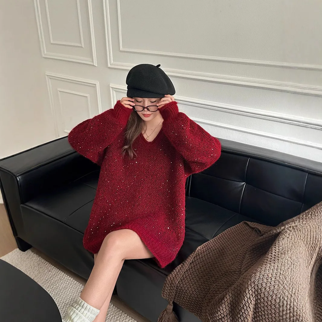 

Модные осенне-зимние свободные свитера с v-образным вырезом для женщин, новинка 2026, большой вязаный пуловер, женский однотонный джемпер с длинными рукавами