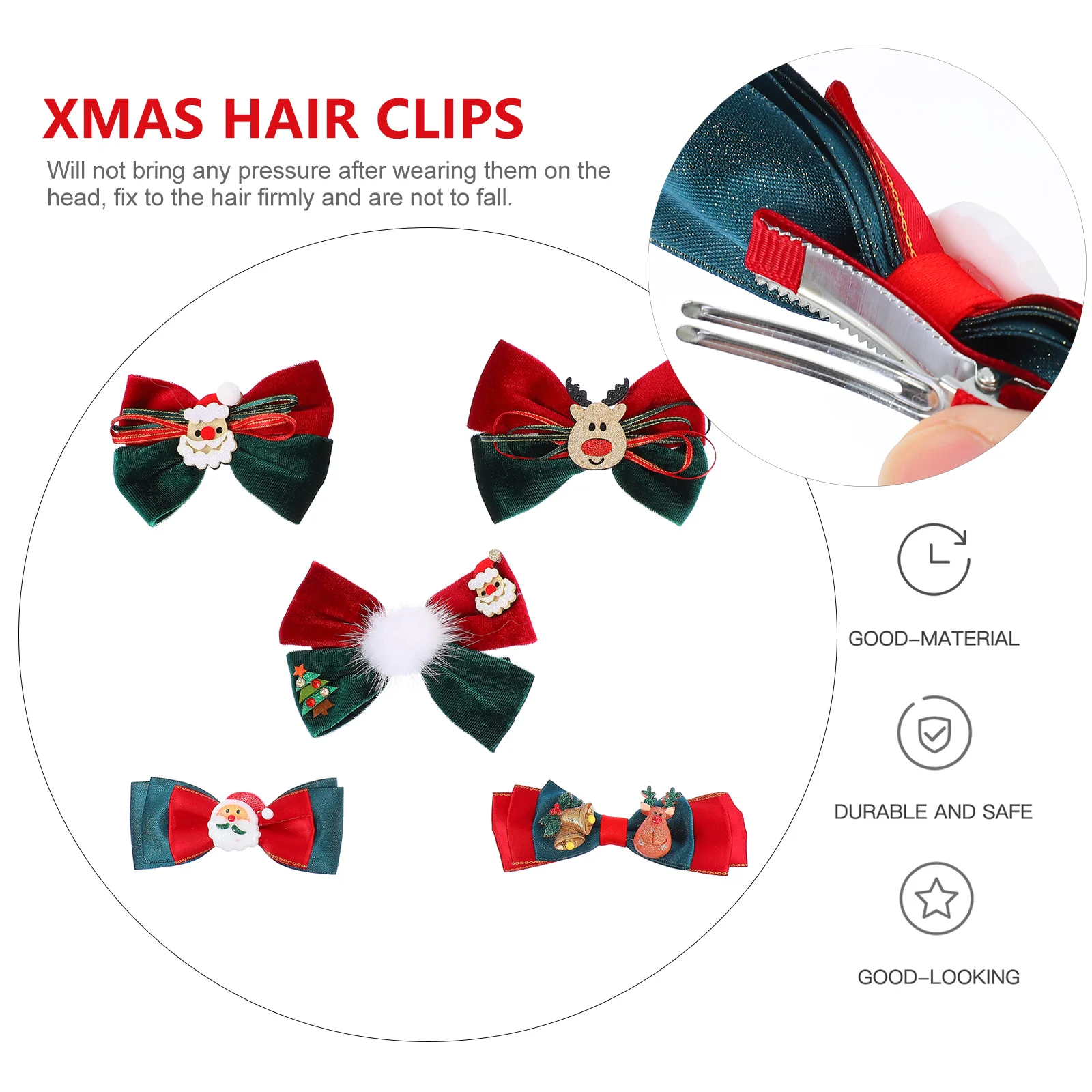 

5pcs Christmas Bow Hairpins Red Smooth Non Rust Fade Clips Toddler Headdress Xmas Accessories Hair Care Styling