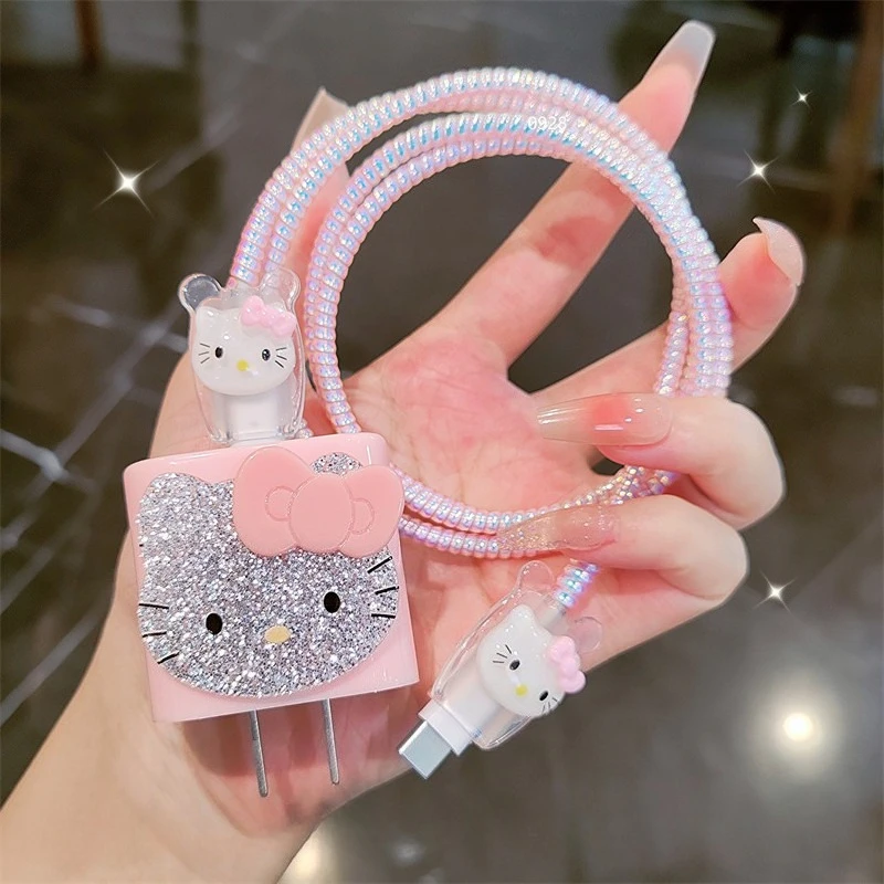

Pink Glitter KT Cable Protector for iPhone 18W/20W Charger Protector Case 3D Cartoon Cable Management Phone Wire Cord Organizers