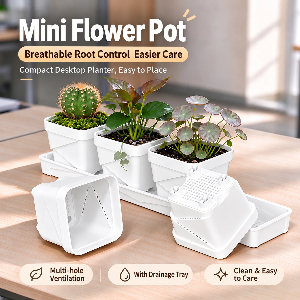 Desktop Mini Flower Pot Breathable Plastic Planter With Water Saucer For Cactus Succulent Home Table Planting Decor