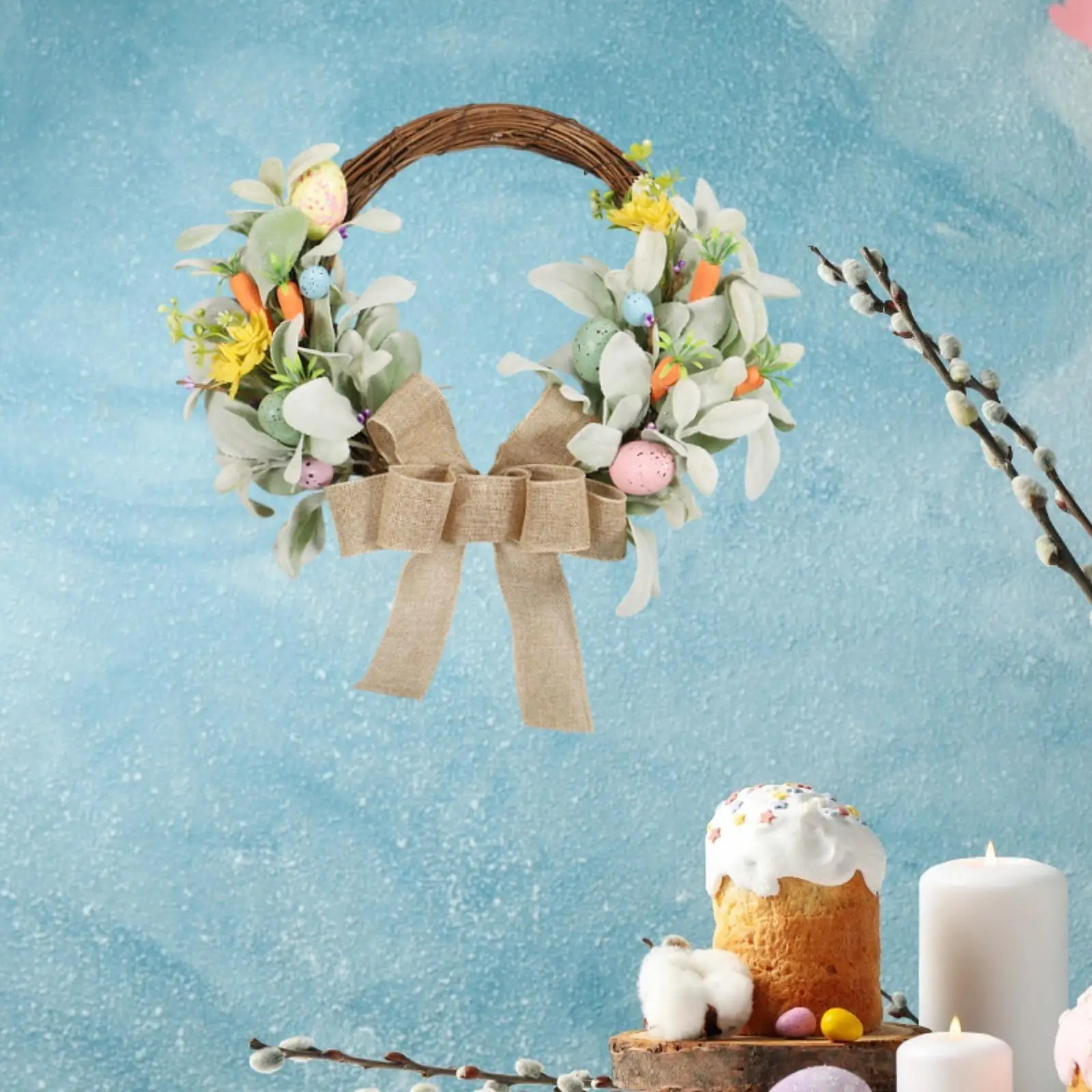 Easter Egg Wreath Round 15.75 inch with Bow Home Decor Front Door Wreath for Fireplace Mantle Indoor Outdoor Farmhouse Kitchen