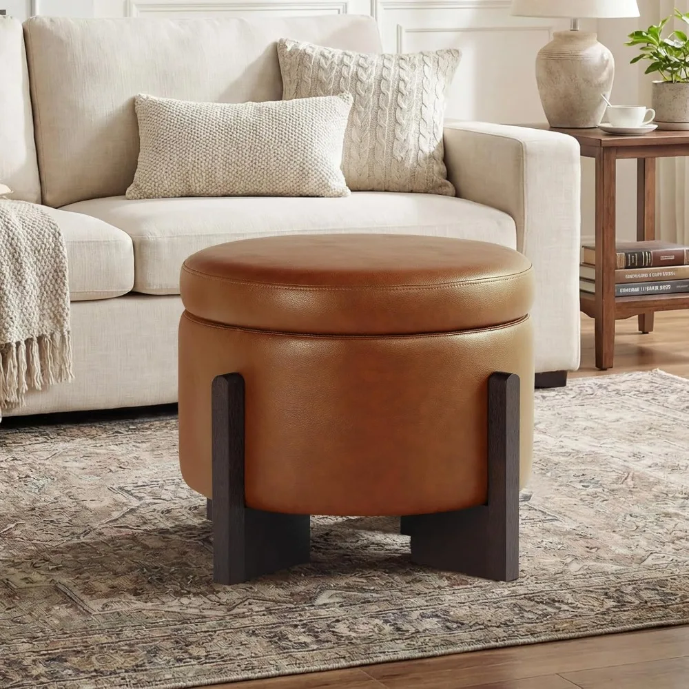 

Faux Leather Round Ottoman, 22 Inch Storage Ottoman,Multi-Functional Footrest for Living Room & Bedroom,Apartments, Customized