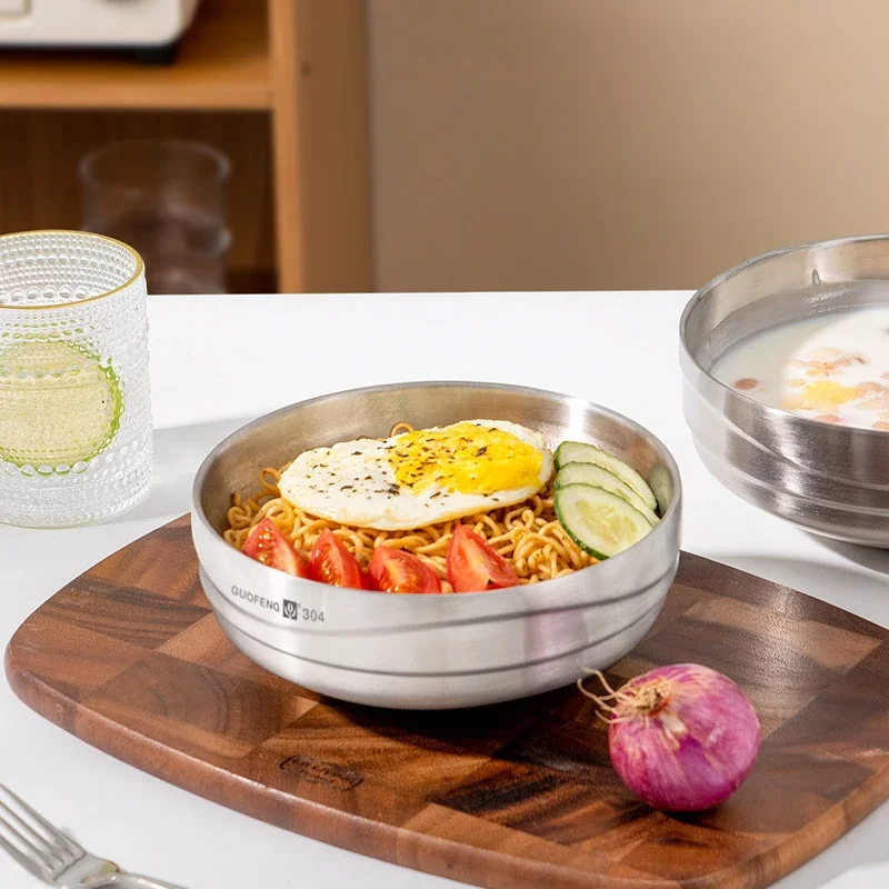 

Stainless Steel Rice Bowl Home Tableware 304 Food Grade Double-layer Instant Noodles Bowl Large Cold Noodles Bibimbap Soup Bowl